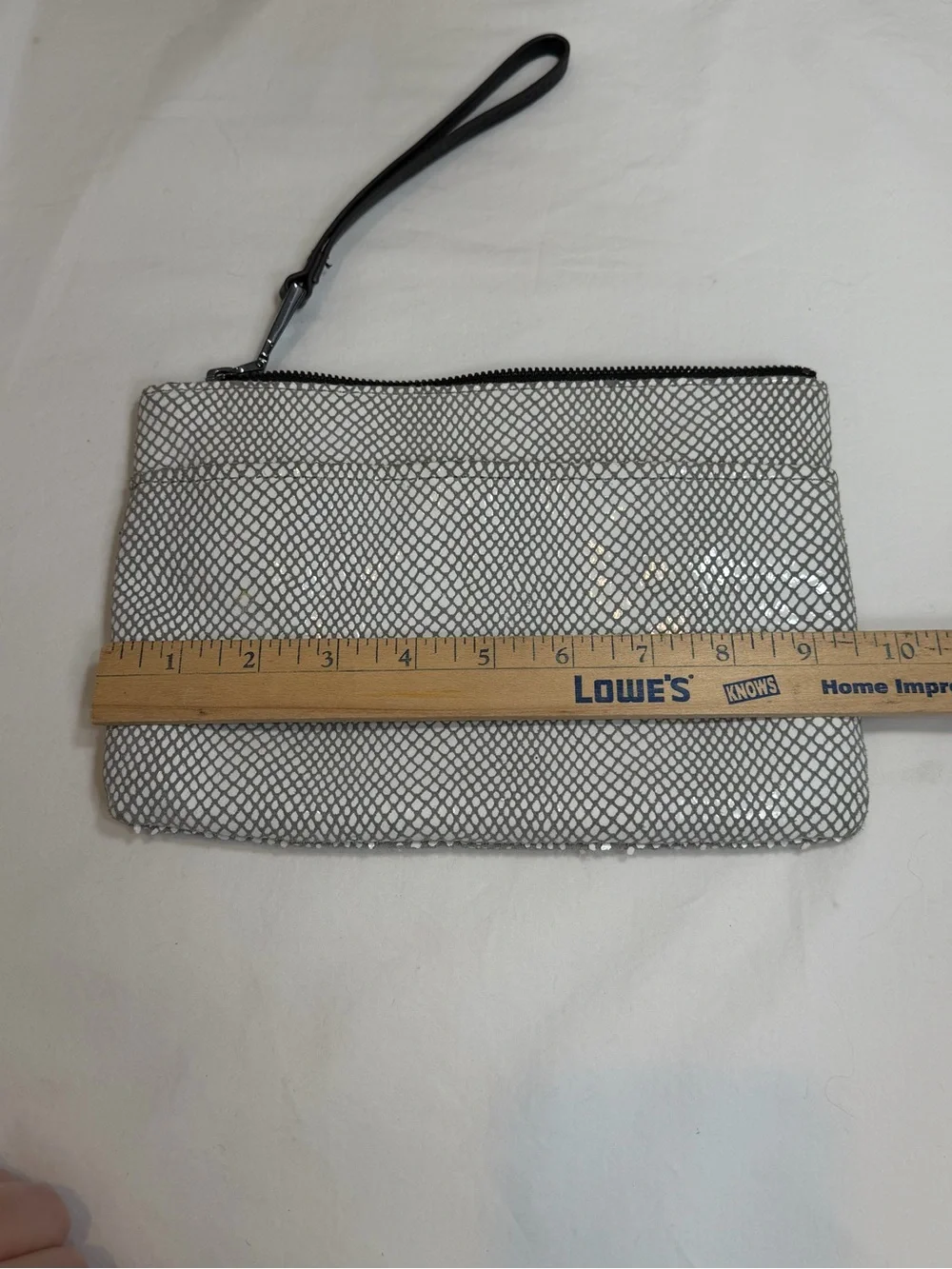 Aimee Kestenberg gray cream black leather zip top clutch